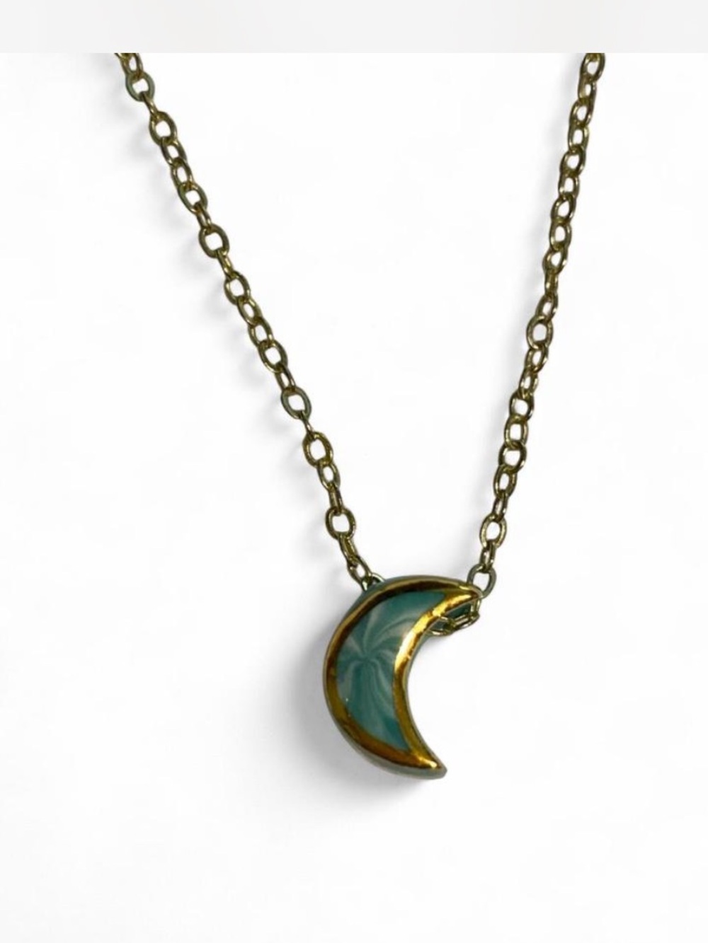 Hand-made Ceramic Blue And Gold Crescent Moon Pendant Necklace